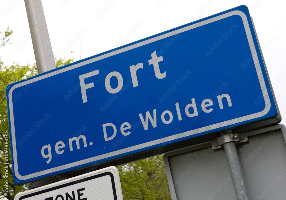 Place name sign of the village Fort gemeente De Wolden Drenthe Netyherlands Place name sign of the village Fort gemeente De Wolden Drenthe Netyherlands