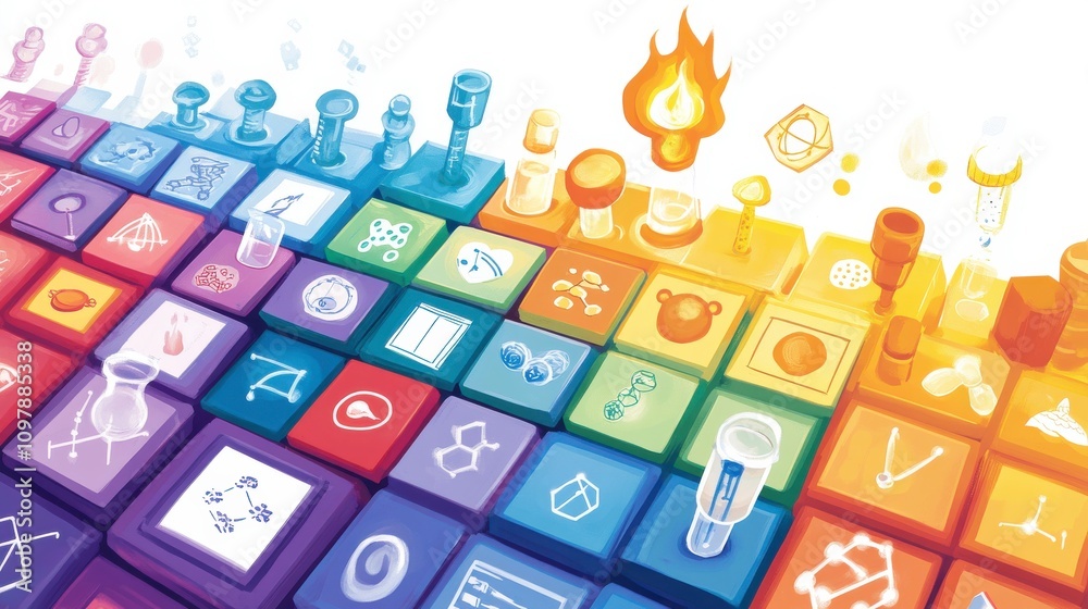 Colorful Array of Educational Scientific Icons Arranged in a Grid Format Showcasing Various Concepts in Chemistry, Physics, Biology, and Mathematics Colorful Array of Educational Scientific Icons Arranged in a Grid Format Showcasing Various Concepts in Chemistry, Physics, Biology, and Mathematics