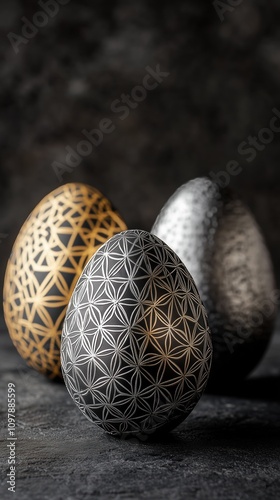 Elegant metallic easter eggs with modern geometric patterns photo