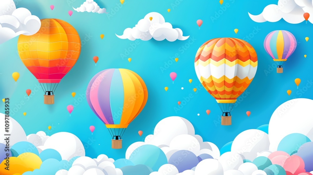 Fototapeta premium A cartoon illustration of colorful hot air balloons floating in a blue sky with white clouds.