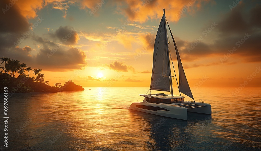 Fototapeta premium Sailing into the sunset with a tranquil catamaran on calm waters. Generative AI