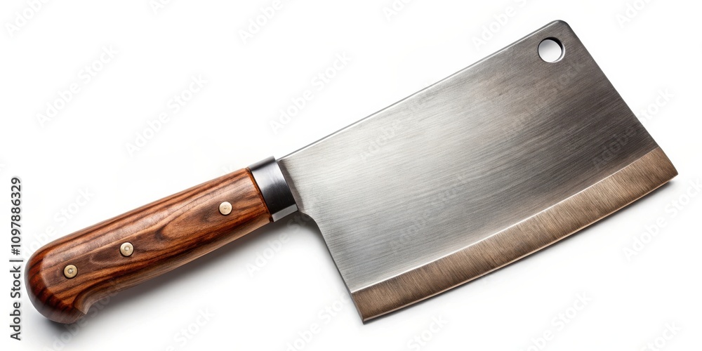A heavy-duty cleaver with a wooden handle and a brushed stainless steel blade, designed for chopping through tough ingredients. A heavy-duty cleaver with a wooden handle and a brushed stainless steel blade, designed for chopping through tough ingredients.