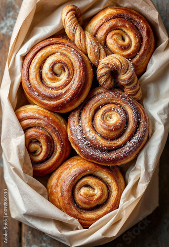 Top view of Swedish cinnamon buns in a white paper bag, warm and inviting with pearl sugar.

 photo