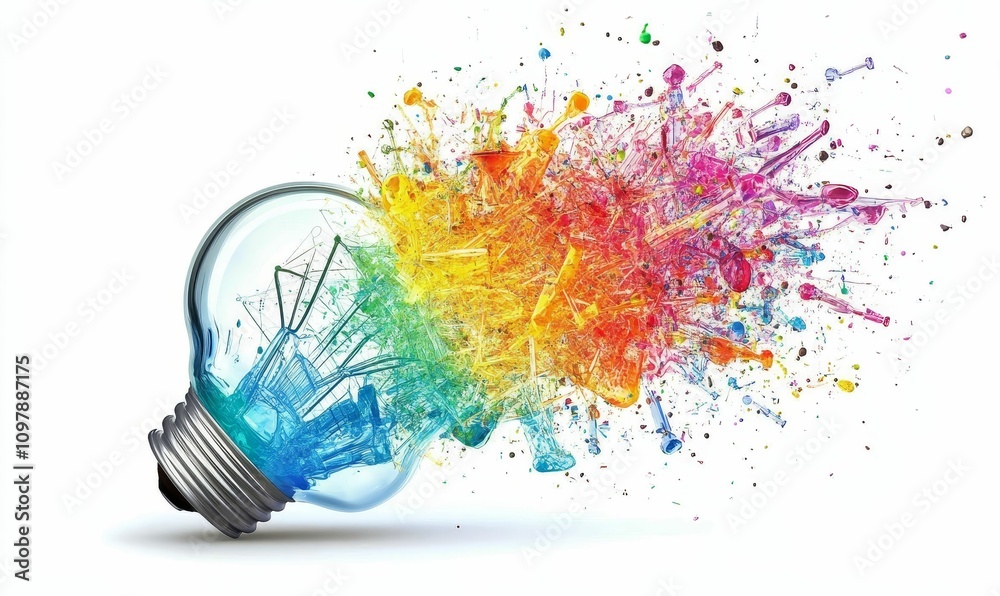 Obraz premium Colorful paint explodes from lightbulb; creative idea.