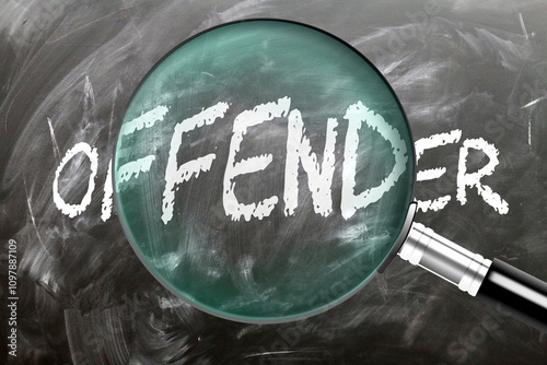 Offender - learn, study and inspect it. Taking a closer look at offender. A magnifying glass enlarging word 'offender' written on a blackboard ,3d illustration
