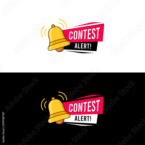 Contest alert banner label with ringing bell icon in flat color. Vector design for promo, marketing, promotion, web, marketplace or social media.