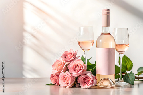  Luxurious mockup of a rose wine bottle with blank label, flanked by glasses and fresh pink roses. Ideal for Valentine's Day, anniversaries, or springtime celebrations.