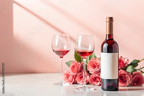  Charming mockup of a red wine bottle with blank label, accompanied by scattered pink roses and romantic lighting. Features copy space for branding or Valentine's Day designs.