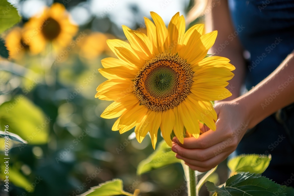 Fototapeta premium Beautiful sunflower handpicked in a vibrant field under sunny skies