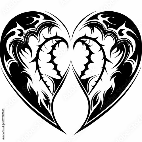 Two halves of a broken heart in black and white tribal design