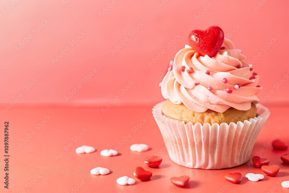 A beautifully decorated cupcake with pink frosting, a shiny red heart topper, and scattered heart sprinkles on a vibrant pink background. Great for Valentine's Day and romantic events. Copy space avai A beautifully decorated cupcake with pink frosting, a shiny red heart topper, and scattered heart sprinkles on a vibrant pink background. Great for Valentine's Day and romantic events. Copy space avai