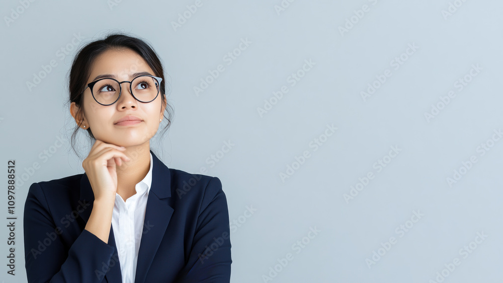 Indonesian business woman thinking and wondering calculate about ideas
