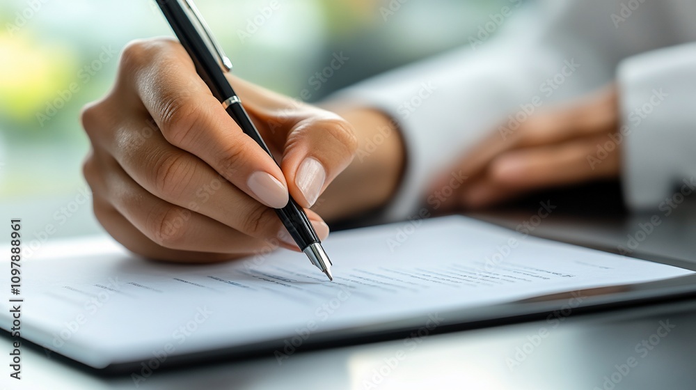 Close-up of a woman's hand signing a document. Close-up of a woman's hand signing a document.