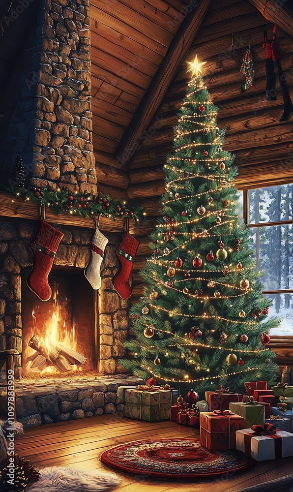 Fototapeta premium cozy and festive cabin interior, featuring a beautifully decorated Christmas tree