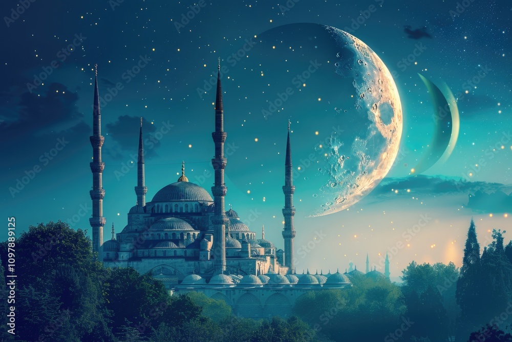 Majestic Sultan Ahmed Mosque under a crescent moon and starry night sky ...