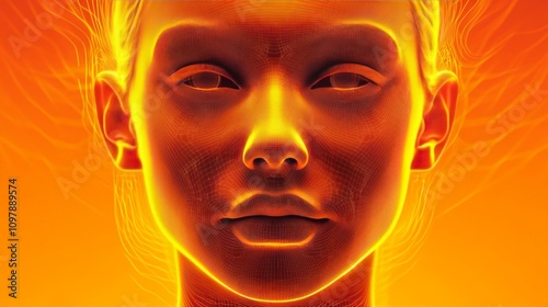 Close up glowing wireframe facial representation in striking orange and black tones highlighting human features with geometric precision and surreal digital elements