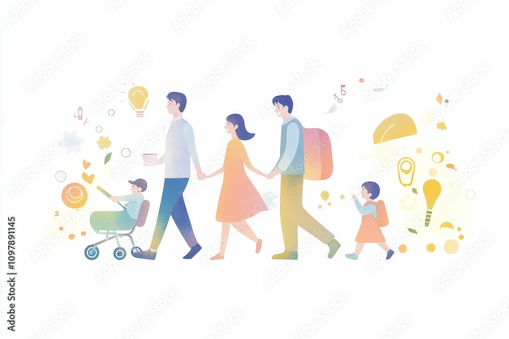 Fototapeta premium Family strolls, holding hands, joyful journey.