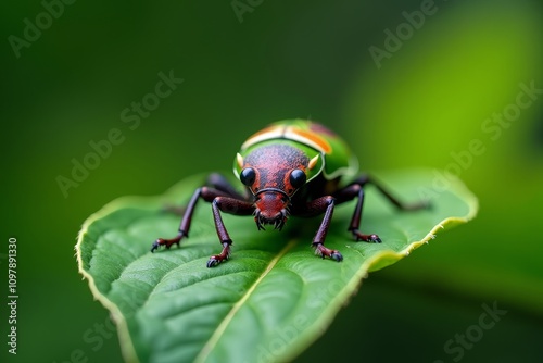 Close-up of a colorful bug perched on a leaf 