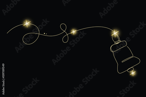 Line Art with Gold Glitter Stars. Luxury Rich Glamour Invitation Card. line Art Isolated on Black. Shine Gold Light Texture Effect. Glowing Blink Star Christmas Holiday Gift.