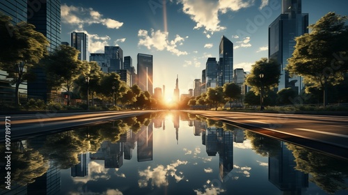 Modern office building or business center. High-rise windor buildings made of glass reflect the clouds and the sunlight. empty street outside wall modernity civilization. photo