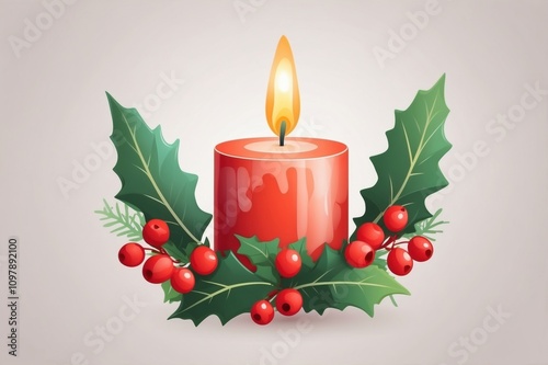 Lit Candle with Holly and Red Berries 