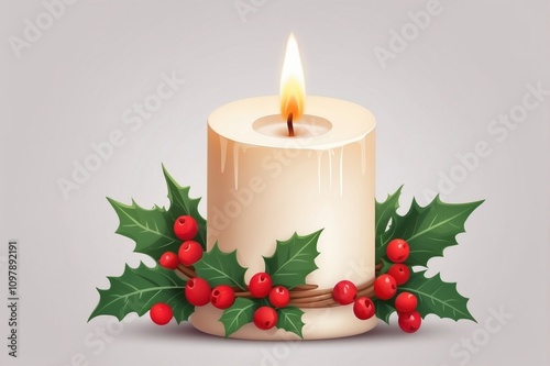 Lit Candle with Holly and Red Berries 