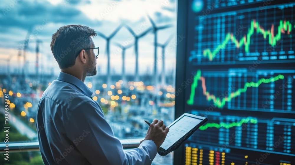 Fototapeta premium Financial Analyst Reviewing Energy Stock Market Data and Trends