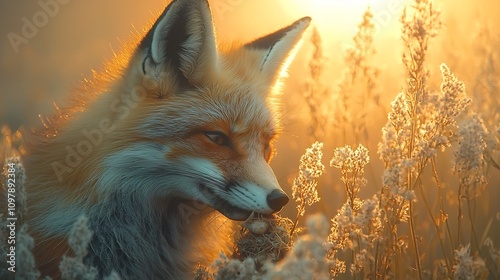 Focused Fox Digging into Catch Amid Tall Grass Bathed in Dawn s Warm Glow photo