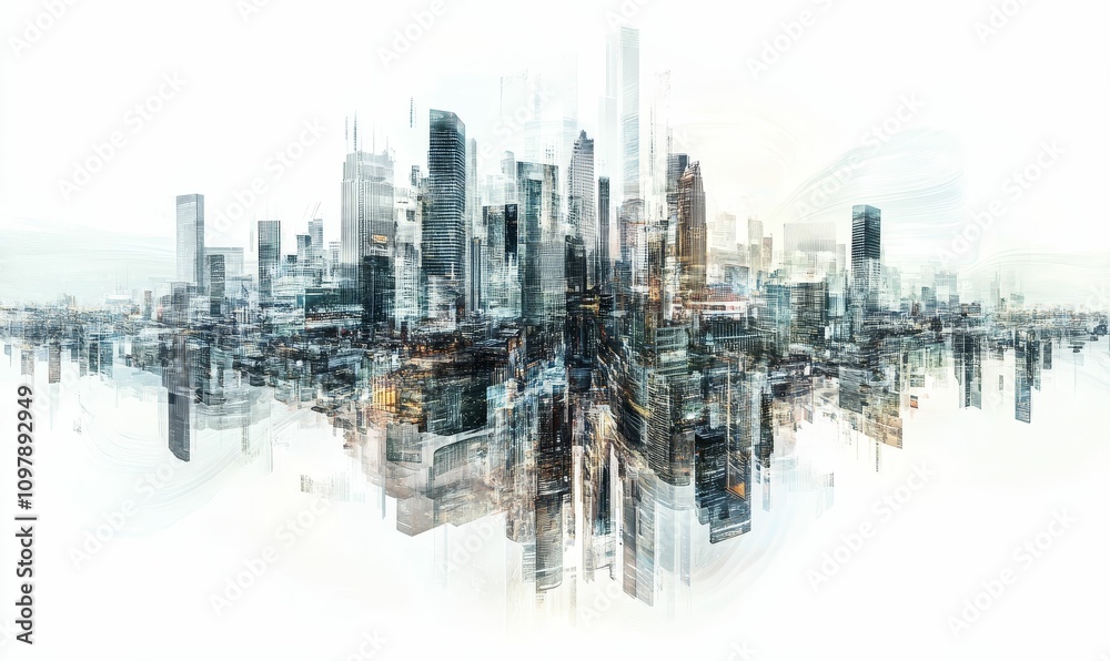 Fototapeta premium Abstract cityscape, double exposure, modern architecture.