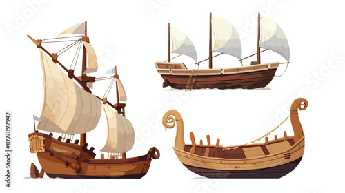 Wooden ships isolated wood boats with white sails