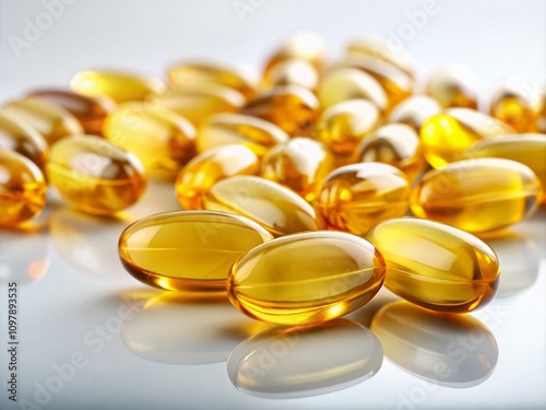 High-Quality Fish Oil Capsules Isolated on White Background for Health and Wellness, Perfect for Dietary Supplements and Nutrition Illustrations