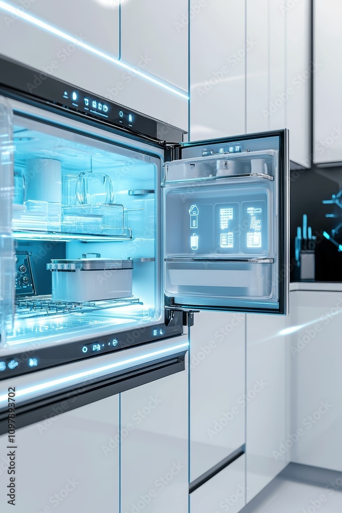 Modern smart refrigerator, open door, illuminated interior. Modern smart refrigerator, open door, illuminated interior.