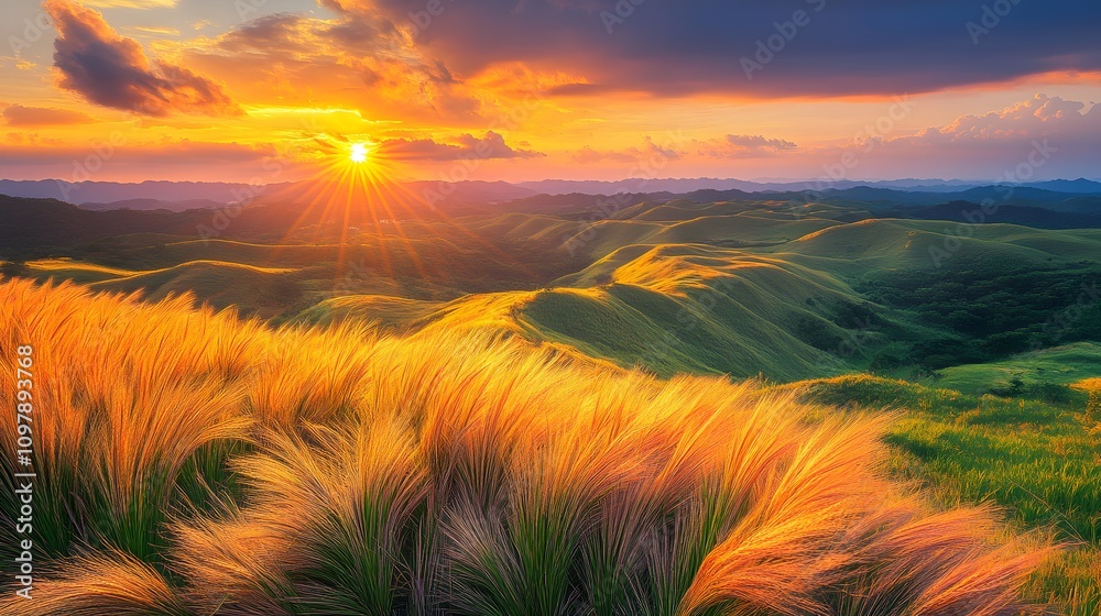 Vibrant sunset over rolling green hills with golden grass in the foreground. Vibrant sunset over rolling green hills with golden grass in the foreground.