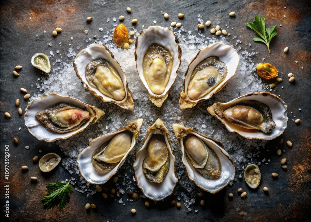 Detailed Product Photography of Nine Opened and Closed Oysters, Showcasing Natural Textures, Colors, and Unique Shell Designs for Culinary and Seafood Enthusiasts Detailed Product Photography of Nine Opened and Closed Oysters, Showcasing Natural Textures, Colors, and Unique Shell Designs for Culinary and Seafood Enthusiasts