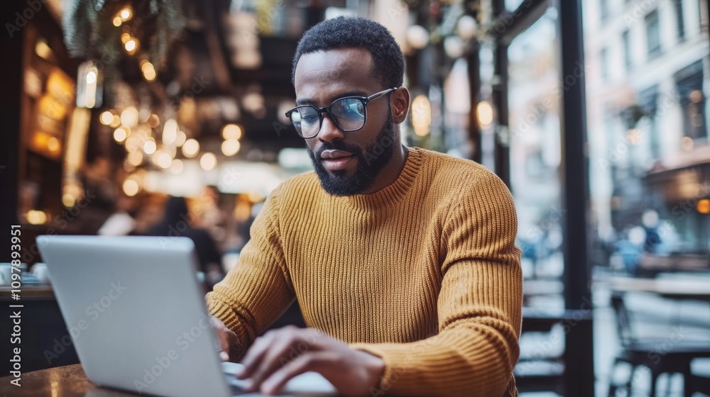 Professional Man Working Remotely in a Bustling Coffee Shop Setting Professional Man Working Remotely in a Bustling Coffee Shop Setting