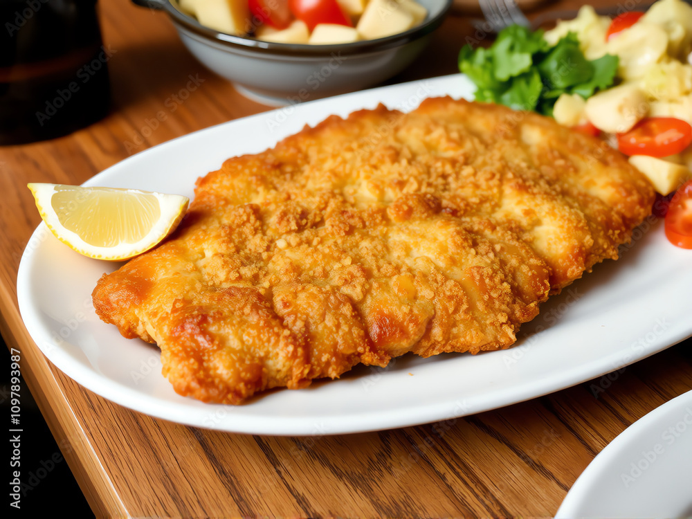 A plate featuring a golden fried chicken cutlet accompanied by seasoned potatoes A plate featuring a golden fried chicken cutlet accompanied by seasoned potatoes