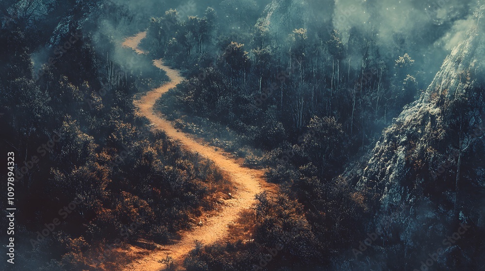 Obraz premium A winding path through a misty forest at twilight, evoking a sense of mystery.