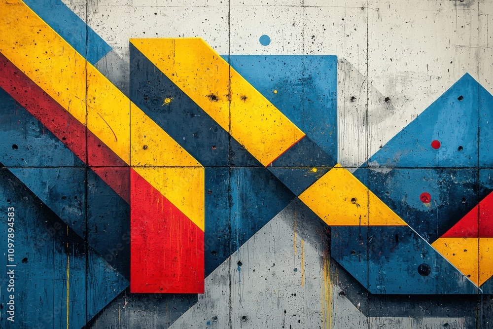Naklejka premium Vibrant graffiti art with geometric shapes in red yellow and blue