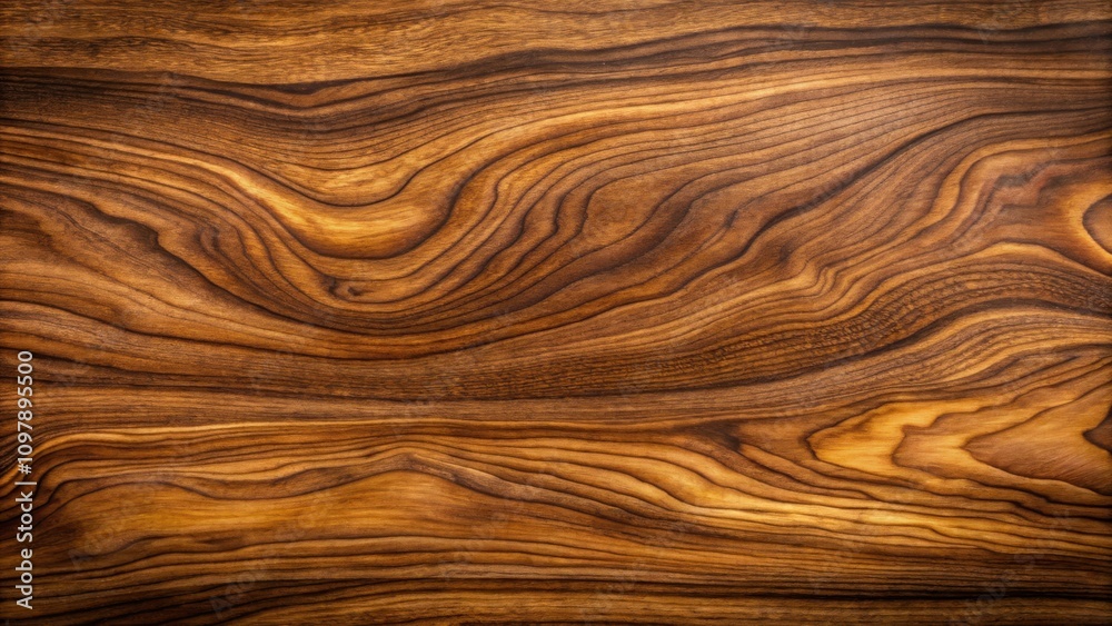 A close-up view of a rich, dark brown wood with a distinct pattern of natural grain swirls and knots