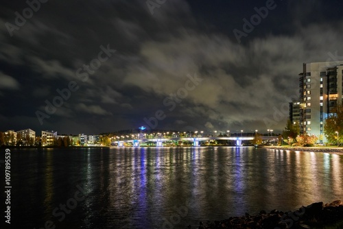 Vászonkép Stunning nighttime view of Jyvaskyla, Finland, showcasing city lights and serene atmosphere