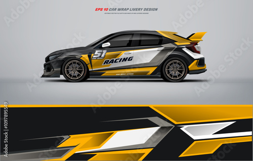 Car wrap livery design with sporty sharp line style combined with yellow touches	