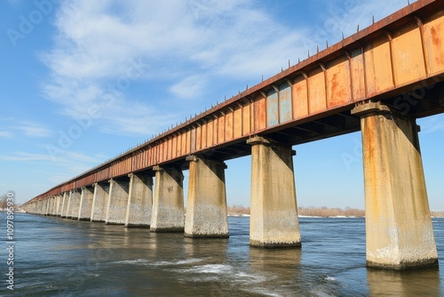 Rusty bridge spans wide river with clear blue sky and scattered clouds