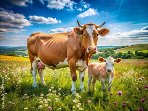 Illustrative Cows and Calves in Pastoral Landscape with Vibrant Colors and High Depth of Field, Capturing the Essence of Rural Life and Nature's Beauty