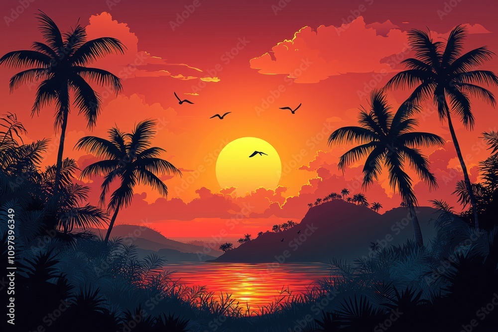 Obraz premium Serene tropical sunset with palm trees and vibrant sky