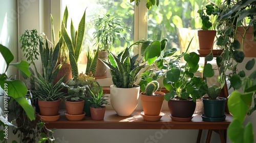 A collection of potted houseplants of various species basks in the sunlight streaming through a window. The vibrant green hues and varied textures of the plants create a lush, indoor jungle.