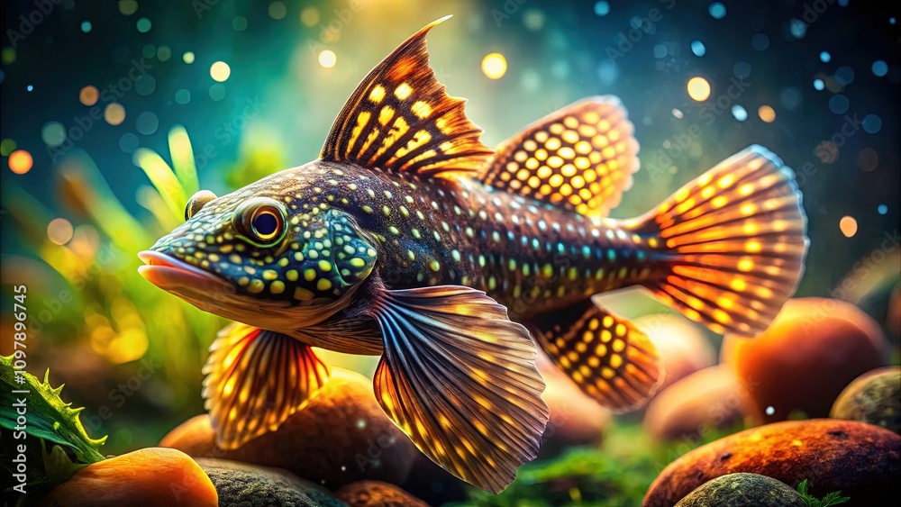 Fototapeta premium Stunning Bristlenose Pleco, Bokeh Background, Aquarium Fish, Close-up, Nature Photography, Detailed, Realistic, High-Quality, AI Art