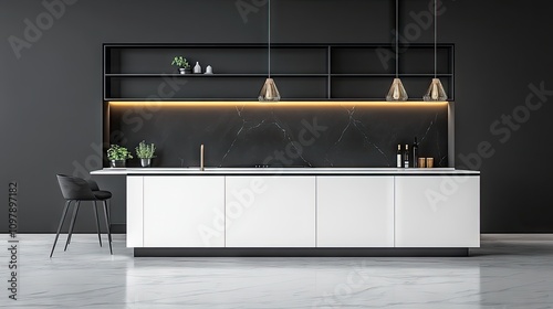 A functional kitchen design with a clean white theme and contrasting black shelving
