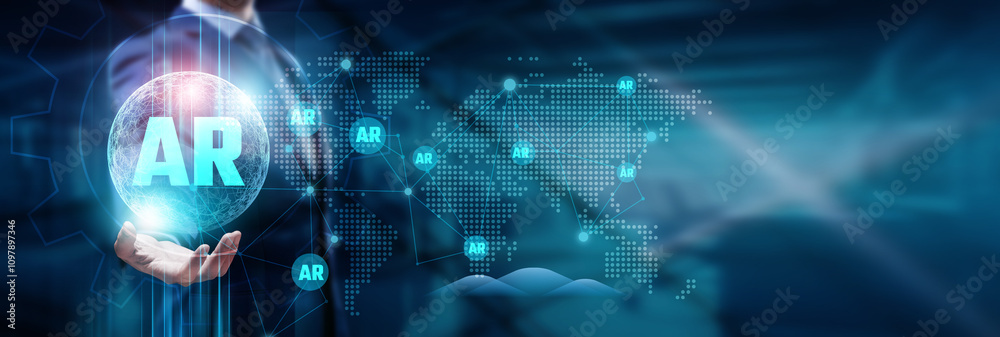 Fototapeta premium Hand touching a global network with connections across technology, augmented reality (AR), and a futuristic world, symbolizing interconnected innovation and digital advancement.