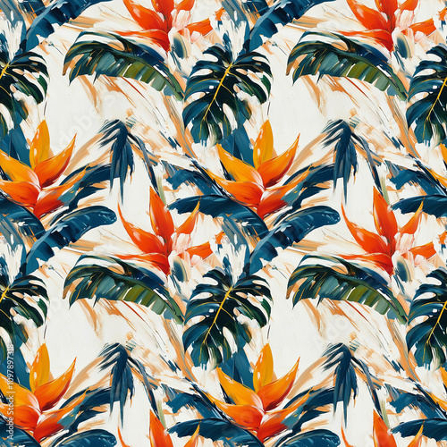 Vibrant tropical foliage pattern showcasing lively colors and seamless design photo