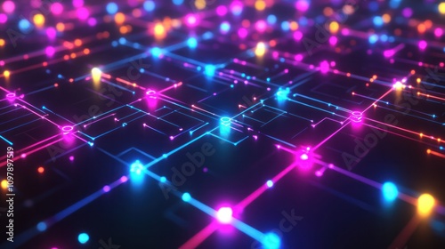 blockchain network with multiple nodes and connections radiating outward. Each node is illuminated with neon colors,